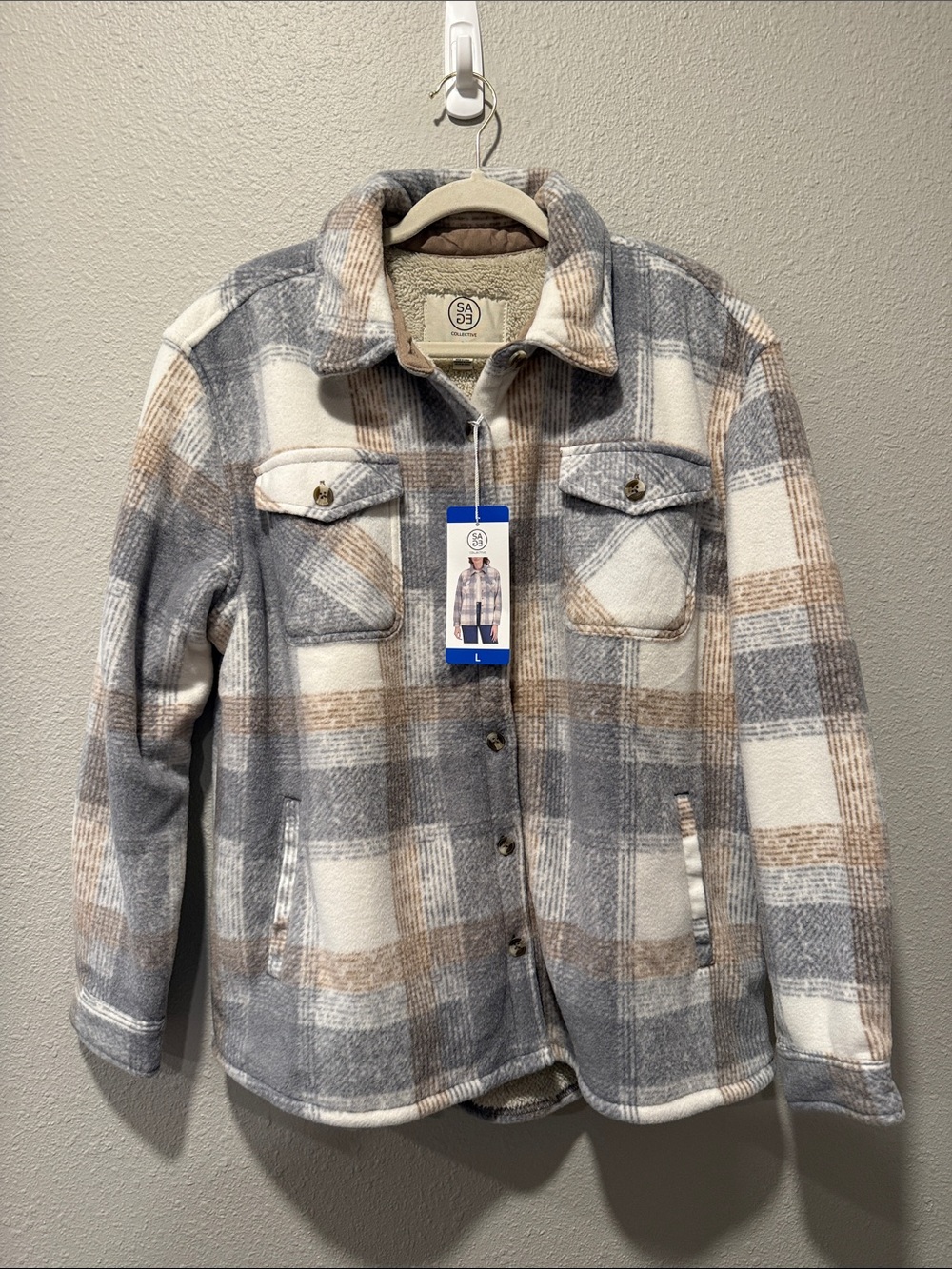 Plaid Sherpa-Lined Shacket Jacket - Gray & Cream
